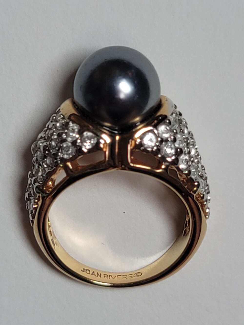 Joan Rivers glass tahitian pearl ring gold plated pave australian crystals vtg